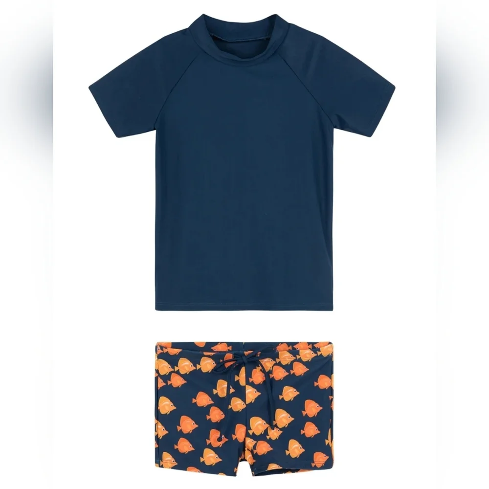 Gottex Kids Swin Set Navy Orange Fish Short Sleeve Shorts Boys Size 5 NEW